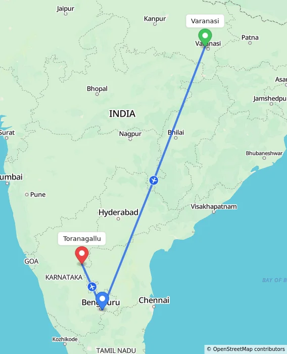 Route map showing distance and travel time from Varanasi, India to Toranagallu, India