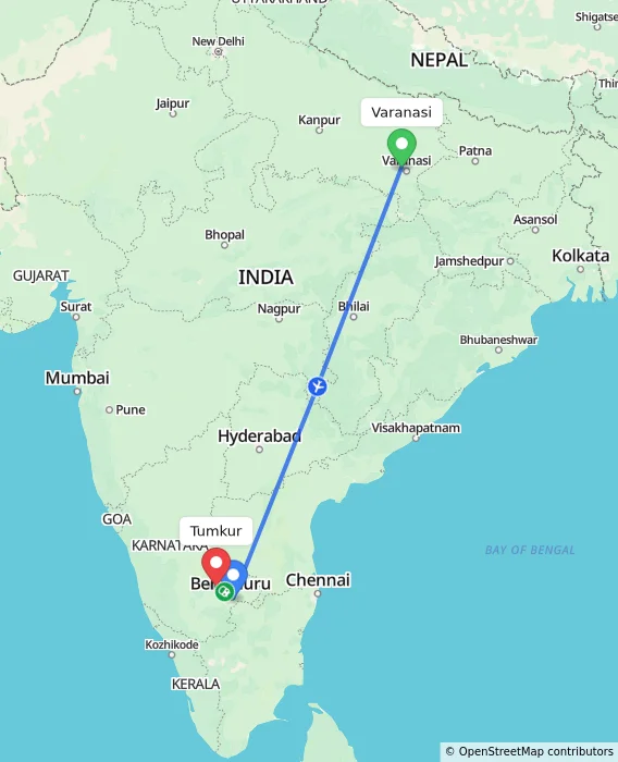 Route map showing distance and travel time from Varanasi, India to Tumkur, India