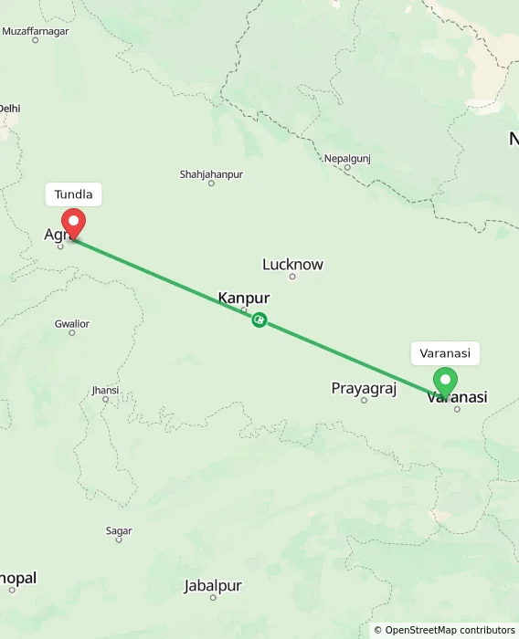 Route map showing distance and travel time from Varanasi, India to Tundla, India