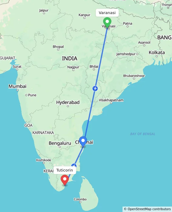 Route map showing distance and travel time from Varanasi, India to Tuticorin, India
