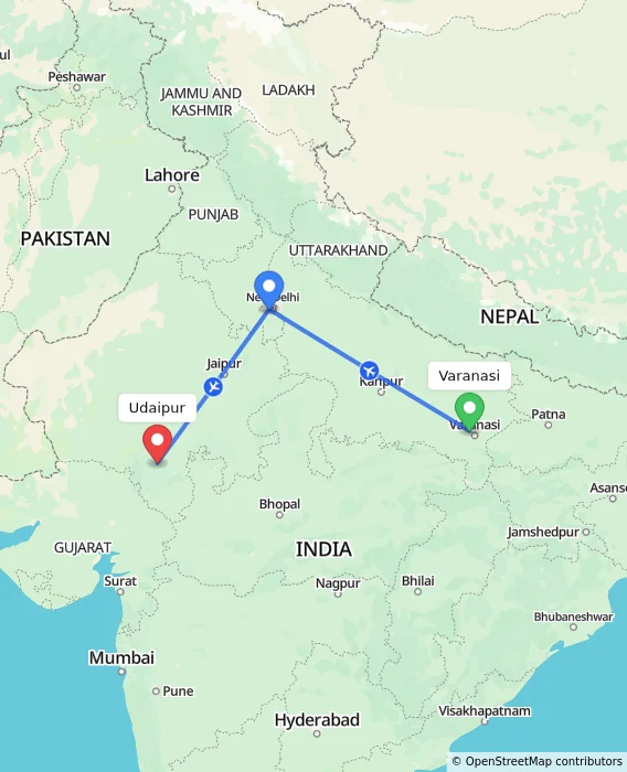 Route map showing distance and travel time from Varanasi, India to Udaipur, India