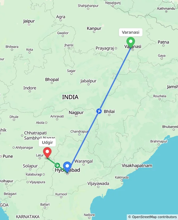 Route map showing distance and travel time from Varanasi, India to Udgir, India