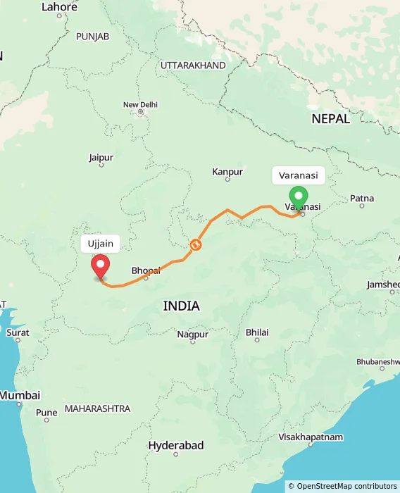 Route map showing distance and travel time from Varanasi, India to Ujjain, India
