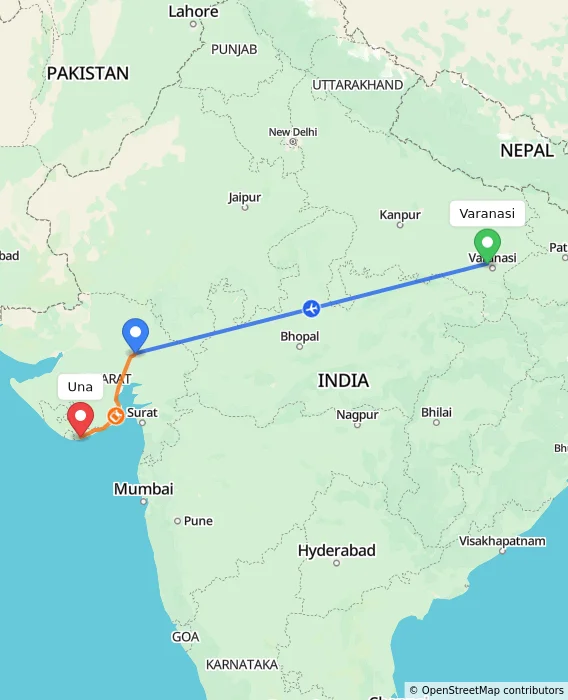 Route map showing distance and travel time from Varanasi, India to Una, India