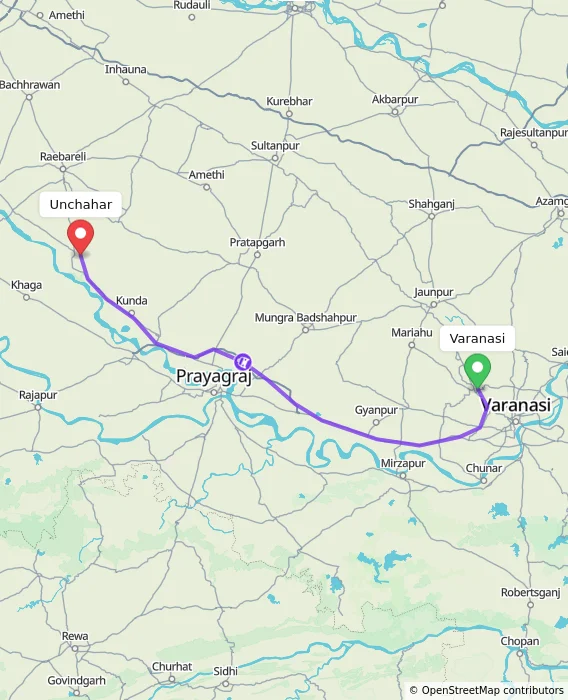 Route map showing distance and travel time from Varanasi, India to Unchahar, India
