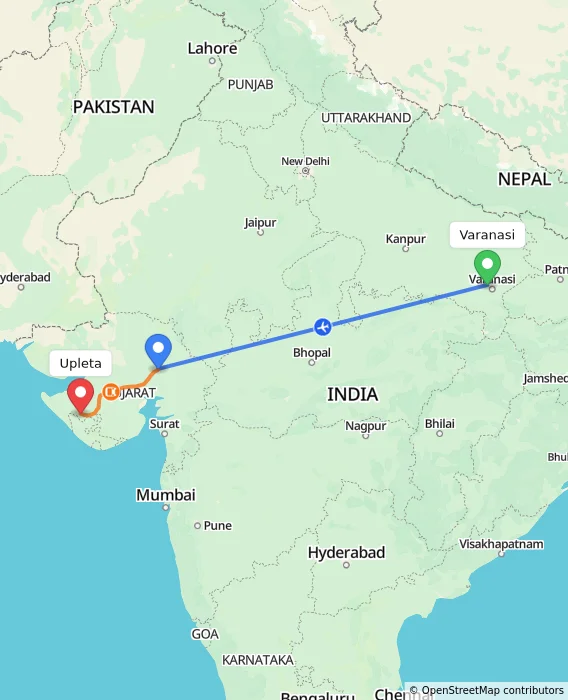 Route map showing distance and travel time from Varanasi, India to Upleta, India
