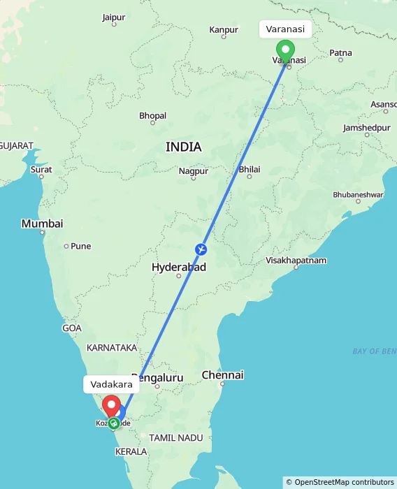 Route map showing distance and travel time from Varanasi, India to Vadakara, India