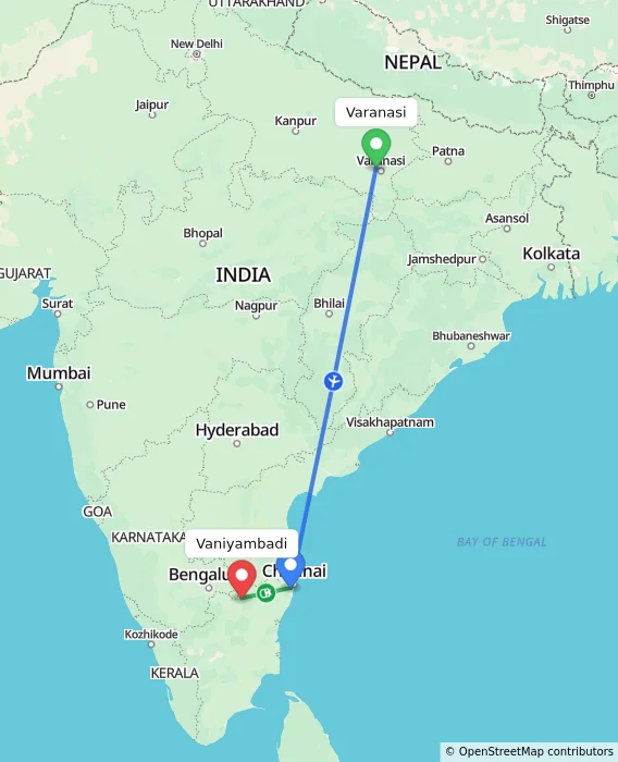 Route map showing distance and travel time from Varanasi, India to Vaniyambadi, India