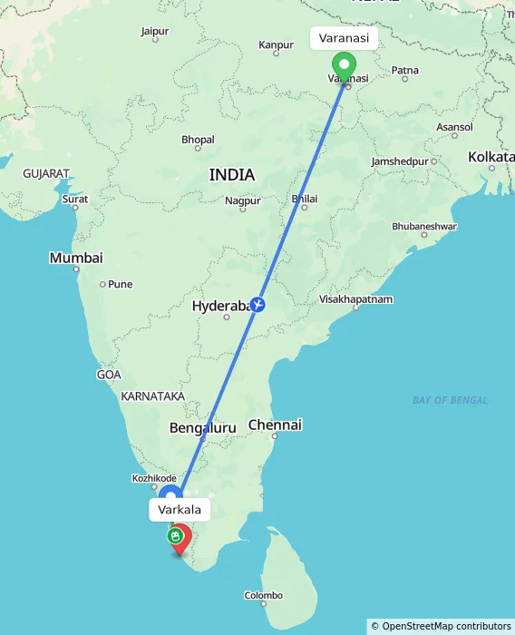Route map showing distance and travel time from Varanasi, India to Varkala, India