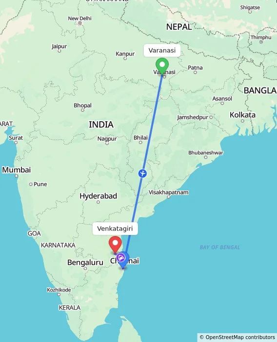 Route map showing distance and travel time from Varanasi, India to Venkatagiri, India