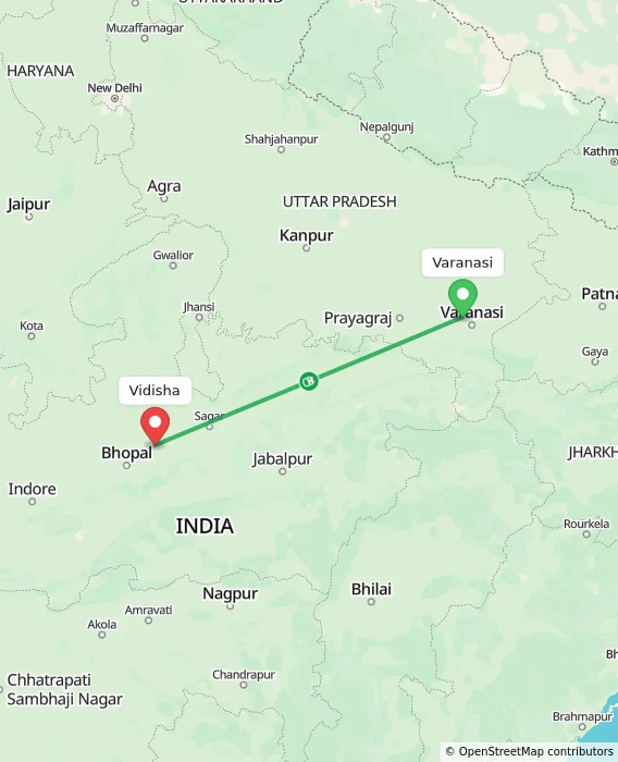 Route map showing distance and travel time from Varanasi, India to Vidisha, India
