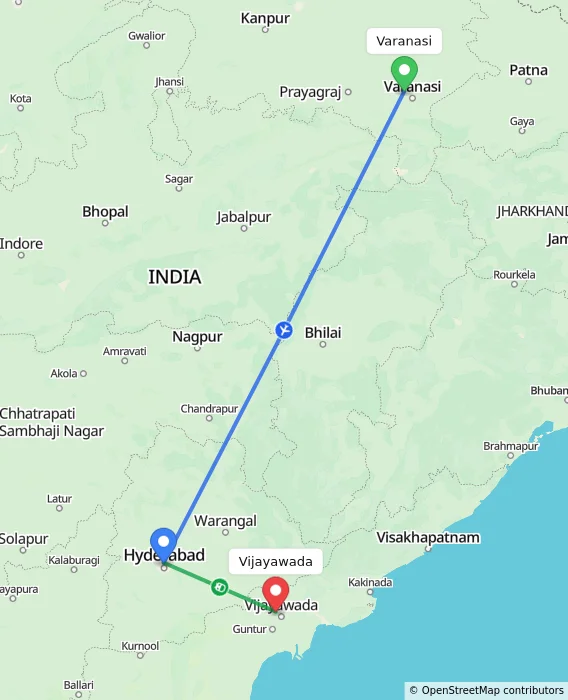 Route map showing distance and travel time from Varanasi, India to Vijayawada, India