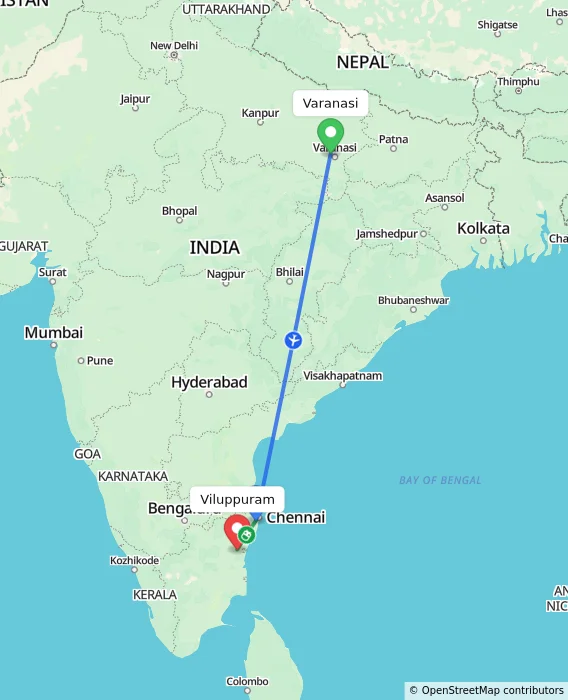 Route map showing distance and travel time from Varanasi, India to Viluppuram, India