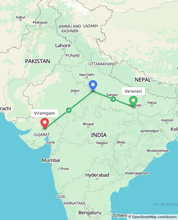 Route map showing distance and travel time from Varanasi, India to Viramgam, India