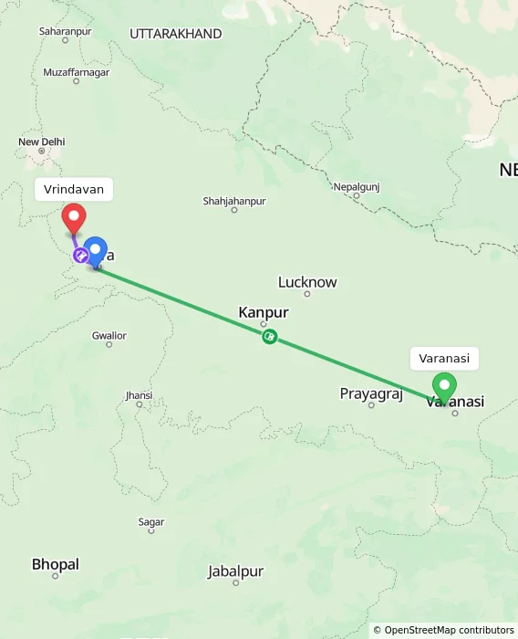 Route map showing distance and travel time from Varanasi, India to Vrindavan, India