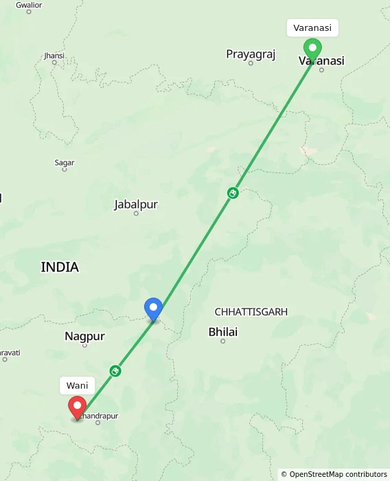 Route map showing distance and travel time from Varanasi, India to Wani, India