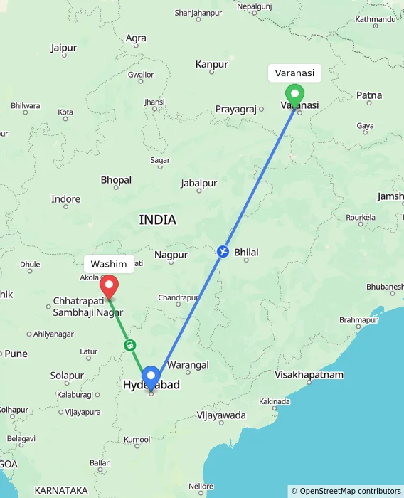 Route map showing distance and travel time from Varanasi, India to Washim, India