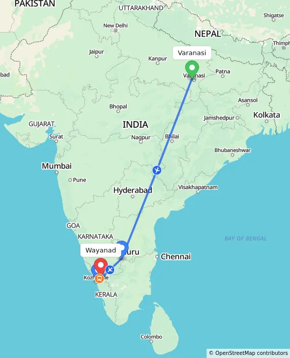 Route map showing distance and travel time from Varanasi, India to Wayanad, India