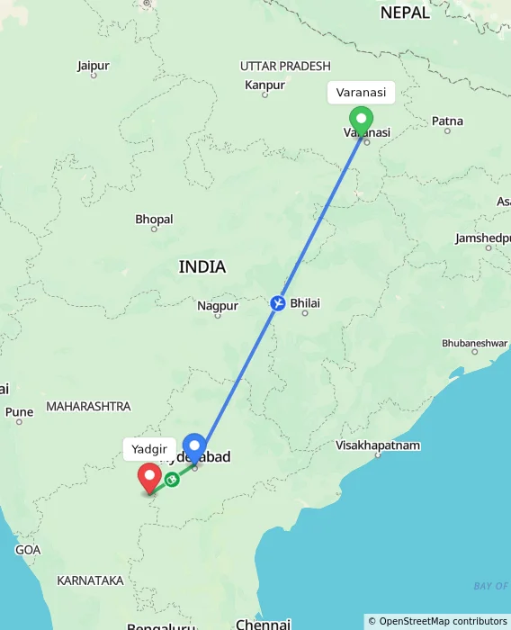 Route map showing distance and travel time from Varanasi, India to Yadgir, India