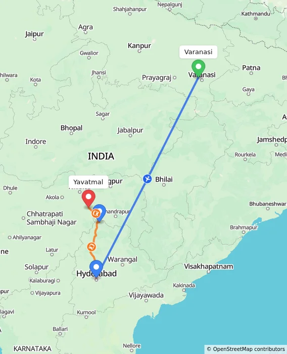 Route map showing distance and travel time from Varanasi, India to Yavatmal, India