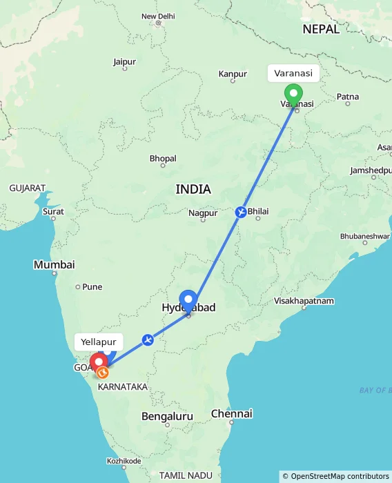 Route map showing distance and travel time from Varanasi, India to Yellapur, India