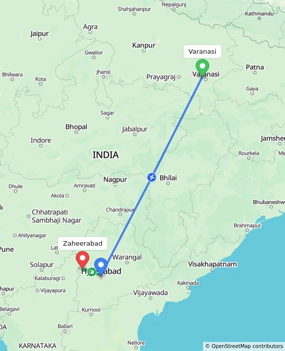 Route map showing distance and travel time from Varanasi, India to Zaheerabad, India