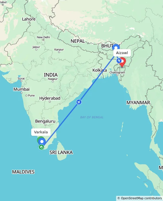 Route map showing distance and travel time from Varkala, India to Aizawl, India