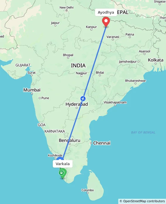 Route map showing distance and travel time from Varkala, India to Ayodhya, India