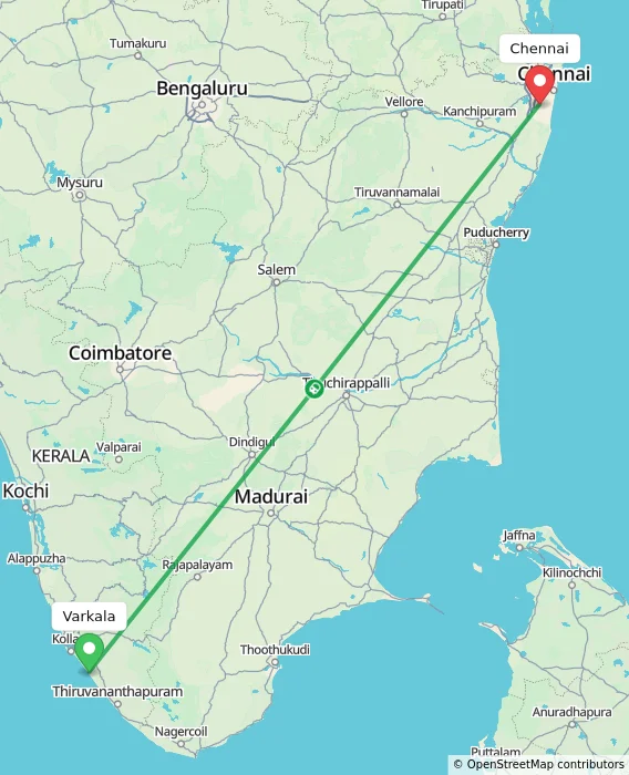 Route map showing distance and travel time from Varkala, India to Chennai, India