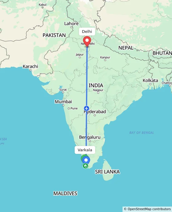 Route map showing distance and travel time from Varkala, India to Delhi, India