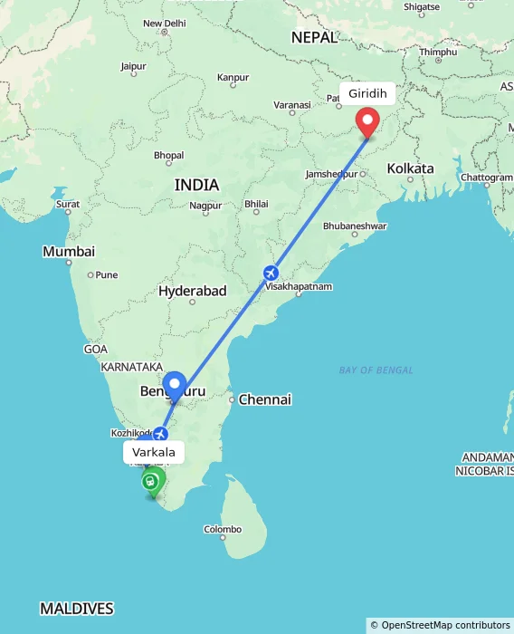 Route map showing distance and travel time from Varkala, India to Giridih, India