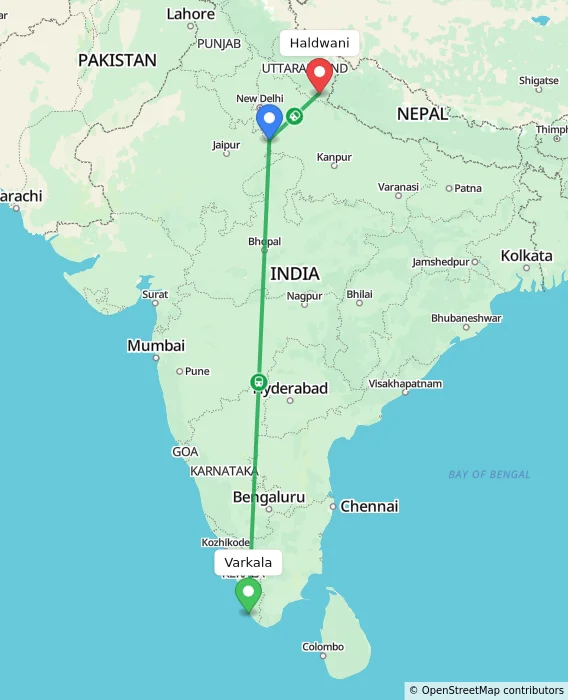 Route map showing distance and travel time from Varkala, India to Haldwani, India