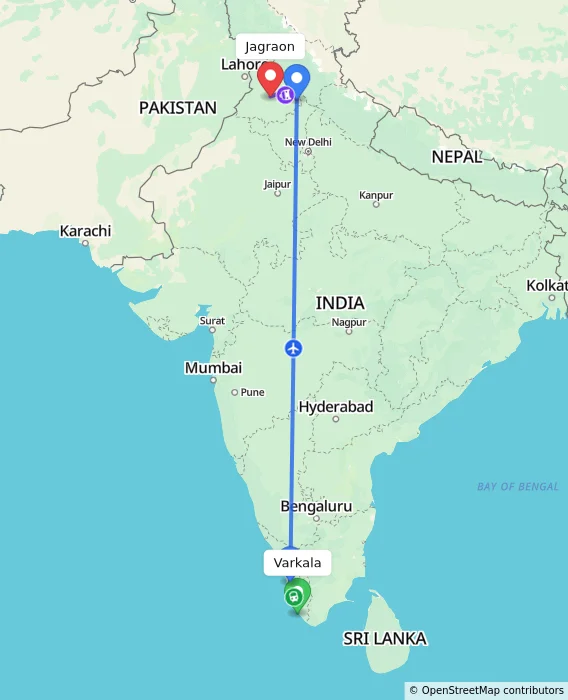 Route map showing distance and travel time from Varkala, India to Jagraon, India
