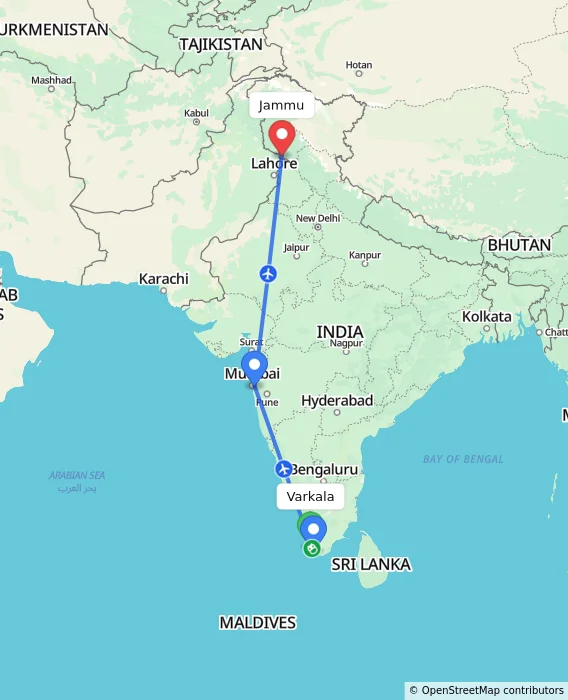 Route map showing distance and travel time from Varkala, India to Jammu, India