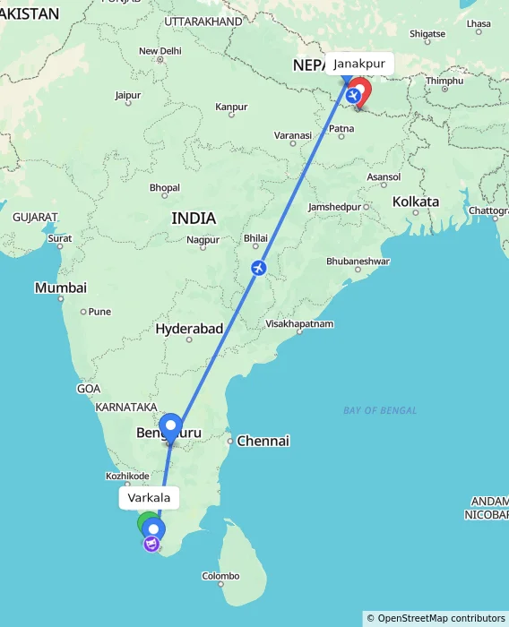 Route map showing distance and travel time from Varkala, India to Janakpur, Nepal