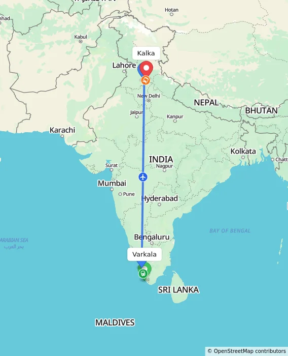 Route map showing distance and travel time from Varkala, India to Kalka, India