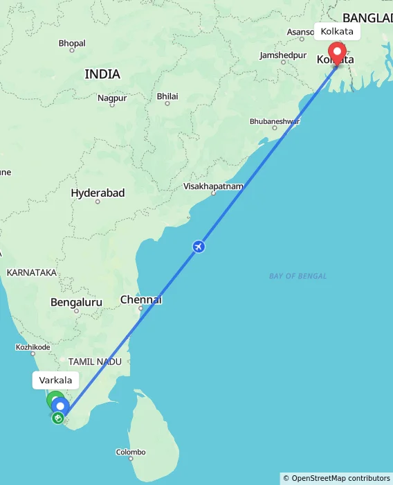 Route map showing distance and travel time from Varkala, India to Kolkata, India