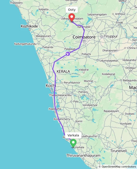 Route map showing distance and travel time from Varkala, India to Ooty, India