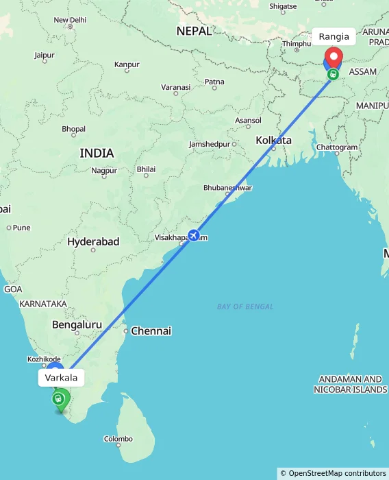 Route map showing distance and travel time from Varkala, India to Rangia, India
