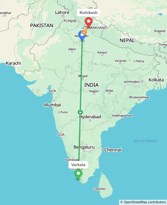 Route map showing distance and travel time from Varkala, India to Rishikesh, India