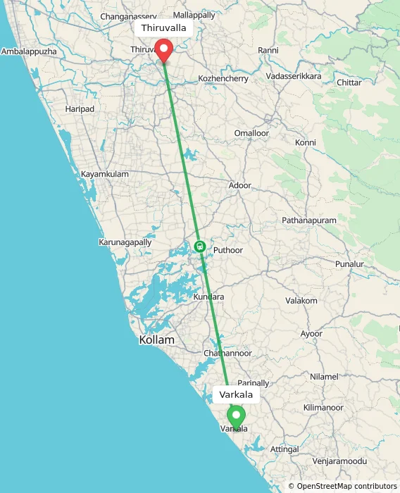 Route map showing distance and travel time from Varkala, India to Thiruvalla, India