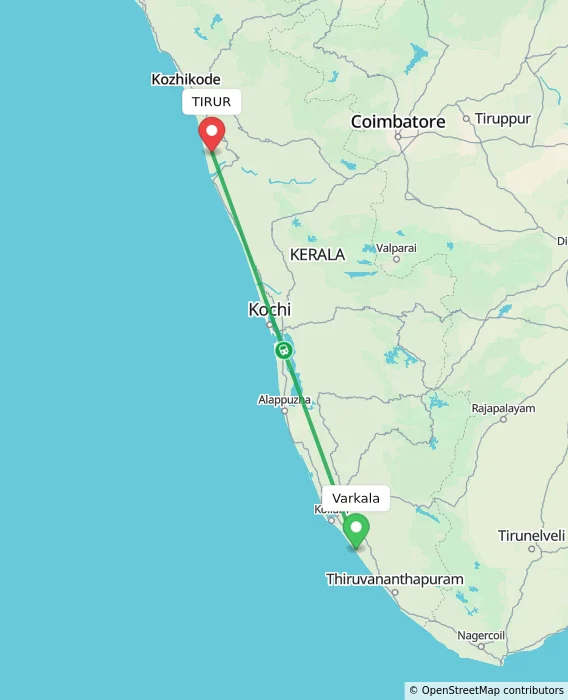 Route map showing distance and travel time from Varkala, India to TIRUR, India