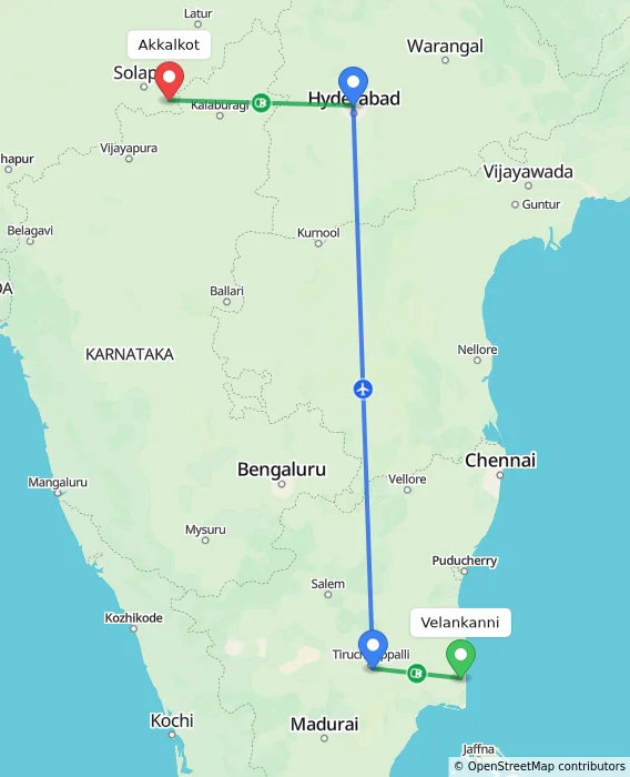 Route map showing distance and travel time from Velankanni, India to Akkalkot, India