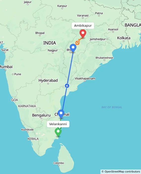 Route map showing distance and travel time from Velankanni, India to Ambikapur, India