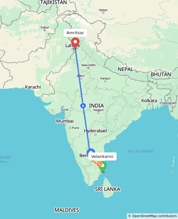 Route map showing distance and travel time from Velankanni, India to Amritsar, India