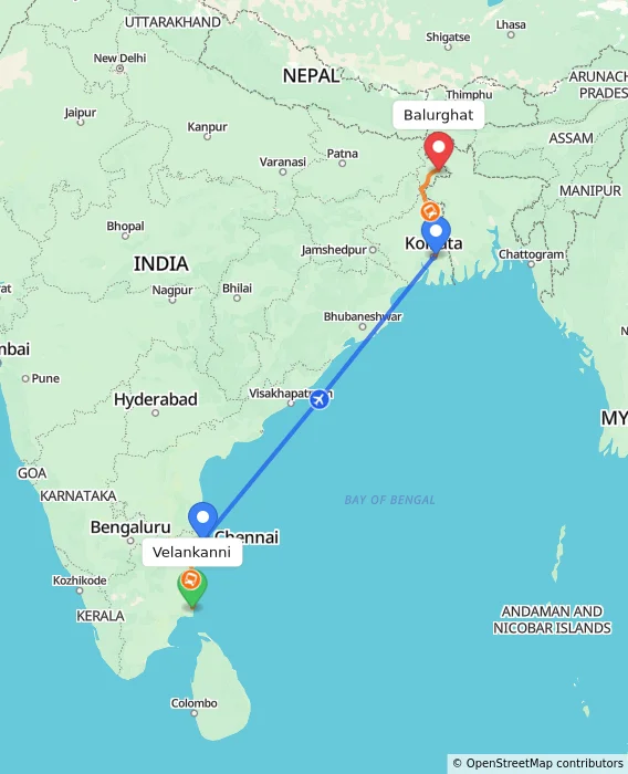 Route map showing distance and travel time from Velankanni, India to Balurghat, India