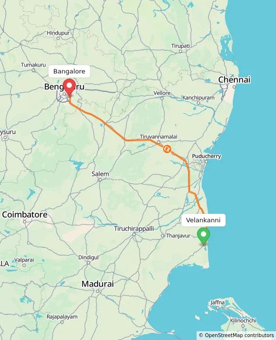 Route map showing distance and travel time from Velankanni, India to Bangalore, India