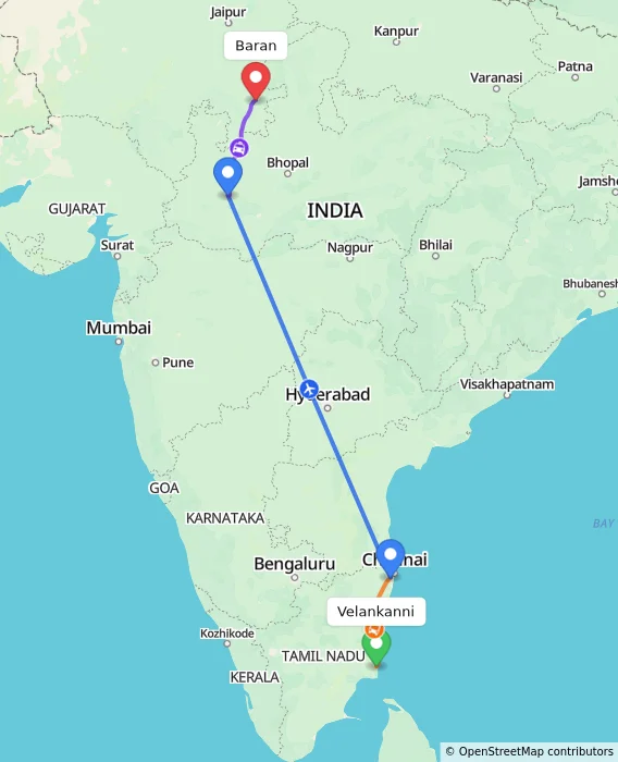 Route map showing distance and travel time from Velankanni, India to Baran, India
