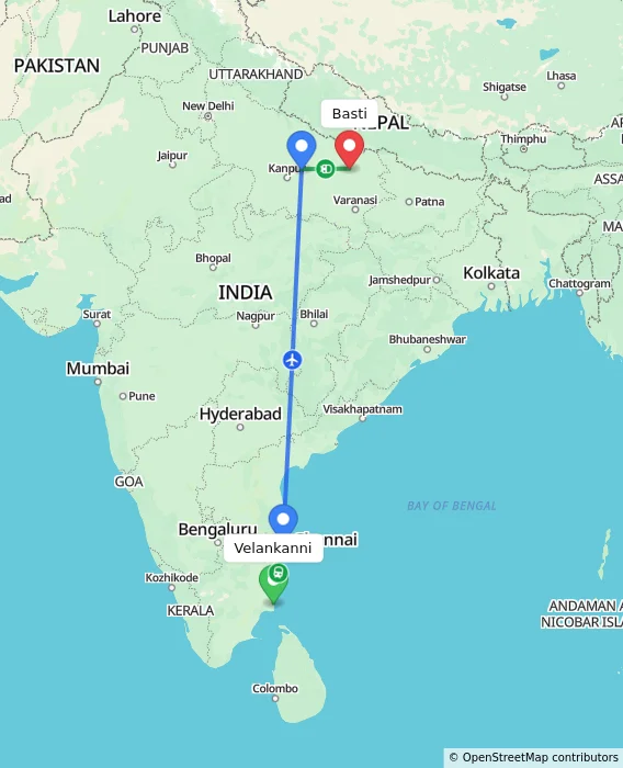 Route map showing distance and travel time from Velankanni, India to Basti, India