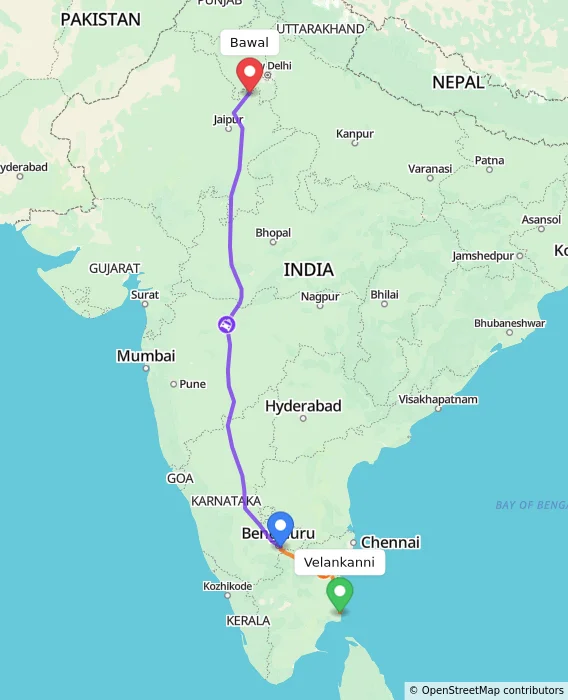Route map showing distance and travel time from Velankanni, India to Bawal, India